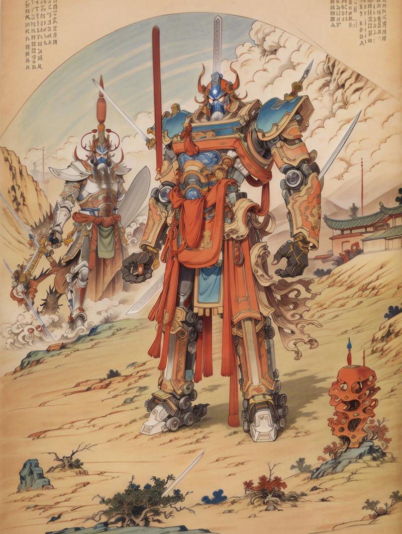 00781-702672097-best quality, master piece, 1 mecha ,  strong, blue chinese armor, engineering map,drawing, weapon,sword, _lora_画风LoRA：小人书·连环画.png